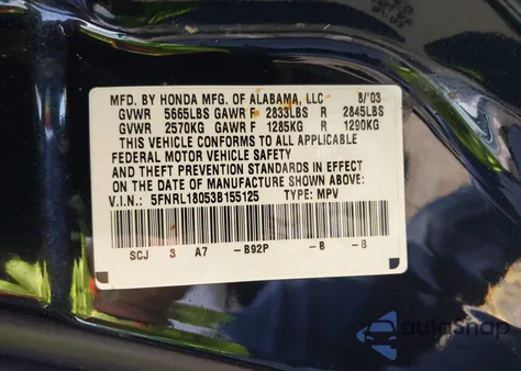 2003 Honda Odyssey Ex-L z USA, uszkodzony, nr VIN 5FNRL18053B155125